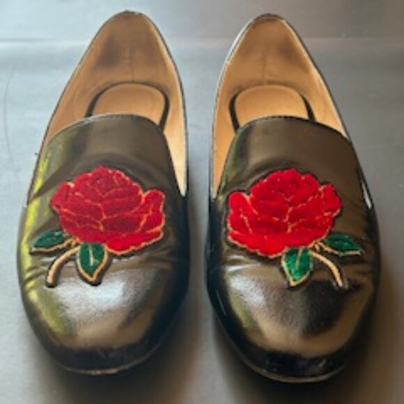 Black Loafers with Red Rose Embroidery - Picture 1 of 5